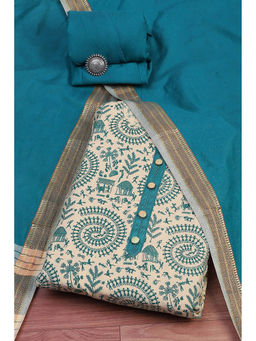 Biba - Women's Teal Pure Cotton Self Design Unstitched Dress Material (Set of 3)