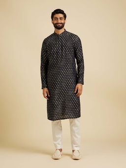 Manyavar - Blue Printed Kurta with Nehru Jacket and Pyjama (Set of 3)