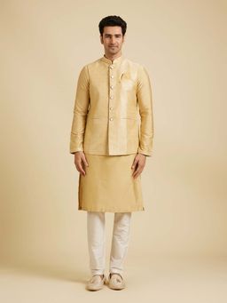 Manyavar - Yellow Self Design Kurta with Nehru Jacket and Pyjama (Set of 3)