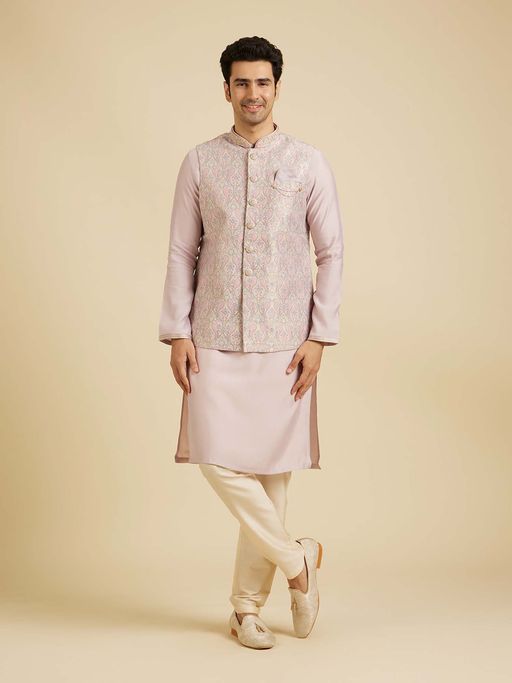 Manyavar Pink Floral Kurta with Nehru Jacket and Pyjama (Set of 3)