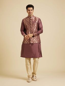 Manyavar - Wine Self Design Kurta with Nehru Jacket and Pyjama (Set of 3)