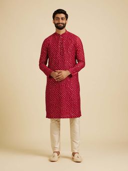 Manyavar - Red Printed Kurta with Nehru Jacket and Pyjama (Set of 3)