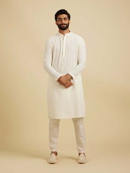 Manyavar - White Embroidered Kurta and Pyjama (Set of 2)