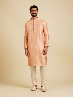 Manyavar - Peach Woven Kurta and Pyjama (Set of 2)