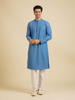 Manyavar - Blue Embroidered Kurta and Pyjama (Set of 2)