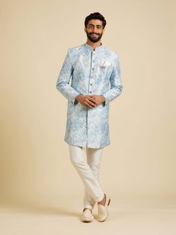 Manyavar - Blue Floral Kurta and Trouser (Set of 2)