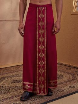 Vastramay - Maroon Viscose Silk Floral Screen Block Print Dhoti