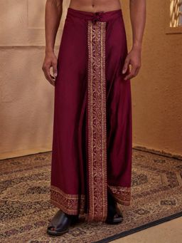 Vastramay - Wine Cotton Silk Ethnic Motif and Floral Screen Block Print Dhoti