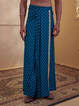 Vastramay - Blue Cotton Silk All-Over Floral Print Mundu
