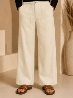 Vastramay - Beige Cotton Lycra Solid Elasticated Drawstring Pant