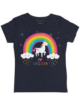 THREADCURRY - I Love Unicorn Girls Graphic Printed T-Shirt - Navy