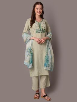 Shree - Women Cotton Green Embroidered Kurta With Comfort Pant & Dupatta (Set Of 3)