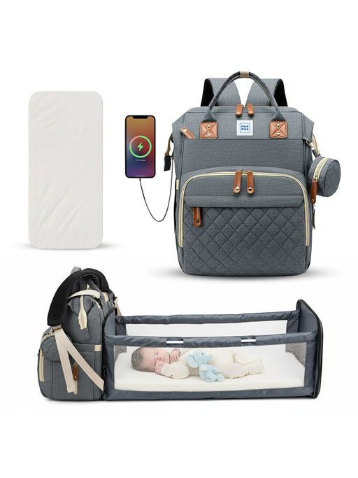 Mee Mee Grey Diaper Bag with Foldable Bassinet, USB Port & Insulated Holder (0-6 Months)