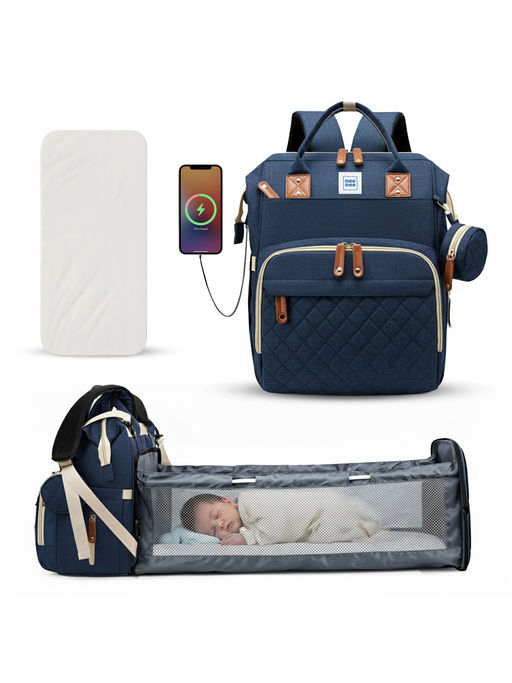 Mee Mee Navy Blue Diaper Bag with Foldable Bassinet, USB Port & Insulated Holder (0-6 Months)