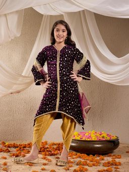 PSPeaches - Girls Embroidered Velvet Kurta with Dhoti & Dupatta (Set of 3)