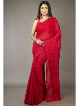Unnati Silks - Red Pure Block Printed Superfine Mulmul Cotton Saree with Unstitched Blouse