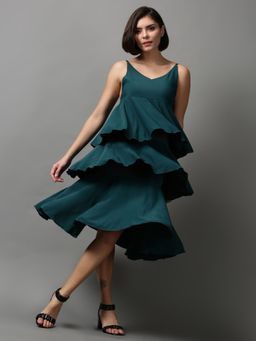 SHOWOFF - Womens Shoulder Straps Solid Green Midi Dress