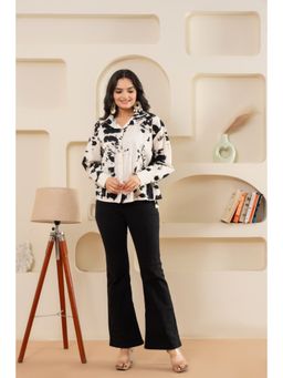 ZNKL - Women Oversized Abstract Button Down V Collar Long Sleeves Khadi Shirt