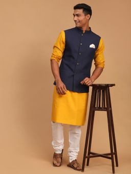 Vastramay - Mens Mustard - Navy Blue and White Cotton Blend Jacket - Kurta and Pyjama (Set of 3)