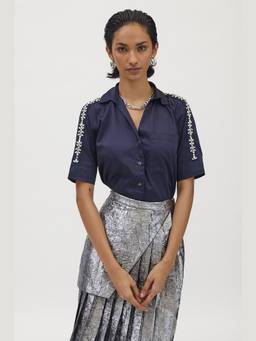 Pallavi Swadi - Navy Flower Crystal Ribbon Shirt