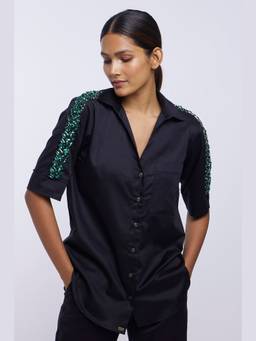 Pallavi Swadi - Women Blue Emerald Swarovski Ribbon Shirt