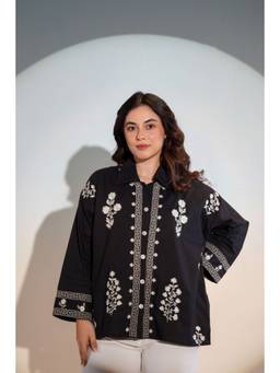 VAJOONI JAIPUR - ELEGANT ABSTRACT EMBROIDERED COTTON BLACK SHIRT