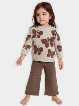Mi Arcus - Girls Brown Butterfly Print Sweater and Flared Pyjama (Set Of 2)