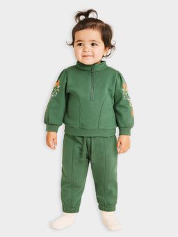 Mi Arcus - Embroidered Green Full Sleeves Mandarin Neck Sweatshirt & Joggers