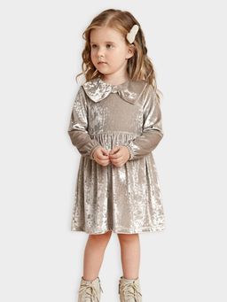 Mi Arcus - Solid Shimmer Peter Pan Collar Full Sleeves Silver Frock Dress