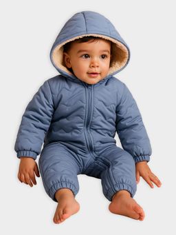 Mi Arcus - Solid Quilted Blue Hooded Full Sleeves Jumpsuit