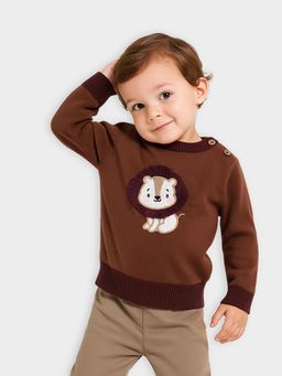 Mi Arcus - Brown Cotton Lion Patch Work Knitted Full Sleeve Sweater