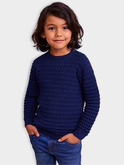 Mi Arcus - Solid Blue Round Neck Knitted Full Sleeve Sweater