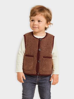 Mi Arcus - Solid Brown Patch Pocket Sleeveless Round Neck Jacket (6-9 Months)