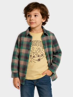 Mi Arcus - Green Check Full Sleeve Shirt with Printed Full Sleeve T-Shirt for Boys