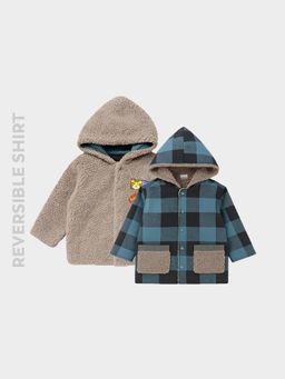 Mi Arcus - Check Blue Hooded Patch Pocket Design Reversible Shirt