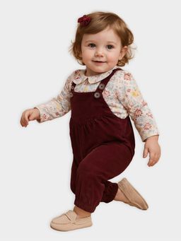 Mi Arcus - Printed Peter Pan Collar Peach Top with Solid Brown Dungaree for Girls