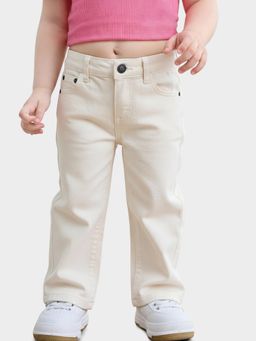Mi Arcus - Cream Solid Back Pocket Embroidered Design Denim for Girls