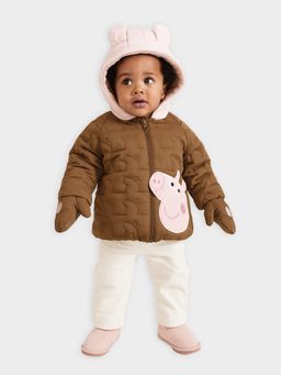 Mi Arcus - Solid Brown Peppa Pig Patch Work Design Jacket with Mittens (6-9 Months)