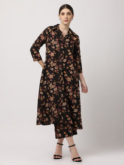 Black & Blah Blah - Relaxed Fit Floral Printed A-Line Pure Cotton Monochrome Kurta and Trouser (Set of 2)