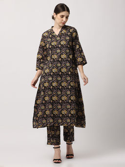 Black & Blah Blah - Relaxed Fit Floral Printed A-Line Pure Cotton Monochrome Kurta and Trouser (Set of 2)