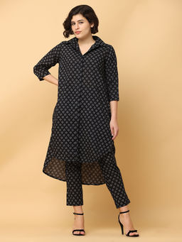 Black & Blah Blah - Relaxed Fit Block Printed Pure Cotton Monochrome Kurta and Trouser (Set of 2)