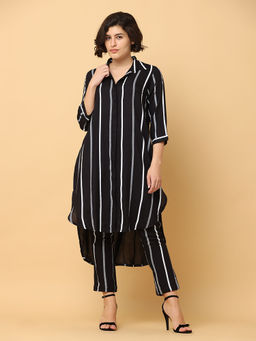 Black & Blah Blah - Relaxed Fit Stripes Printed Pure Cotton Monochrome Kurta and Trouser (Set of 2)