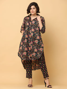 Black & Blah Blah - Relaxed Fit Floral Printed Pure Cotton Monochrome Kurta and Trouser (Set of 2)