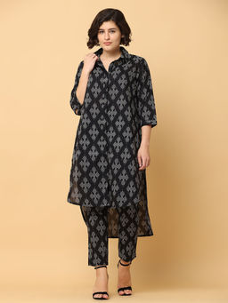 Black & Blah Blah - Relaxed Fit Ikat Printed Pure Cotton Monochrome Kurta and Trouser (Set of 2)