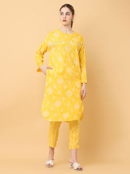 Black & Blah Blah - Relaxed Fit Floral Printed Liva Rayon Kurta and Trouser (Set of 2)