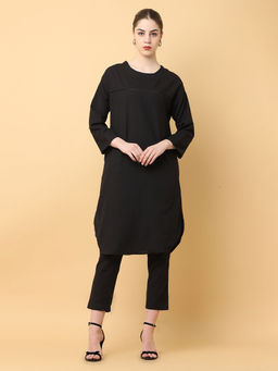 Black & Blah Blah - Relaxed Fit Solid Cotton Linen Monochrome Kurta and Trouser (Set of 2)