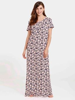 Zivame - Rosaline Eternal Bloom Woven Full Length Nightdress - Night Sky-Blue