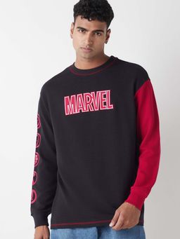 Bewakoof - Heavy Duty 1.0 Official Marvel Men's Black Marvel Logo Graphic Printed Oversized T-shirt