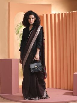 Beatitude - Brown Handloom Linen Saree with Unstitched Blouse