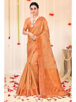 Sangam Prints - Beige Organza Woven Zari Work Traditional Tassel Saree with Unstitched Blouse